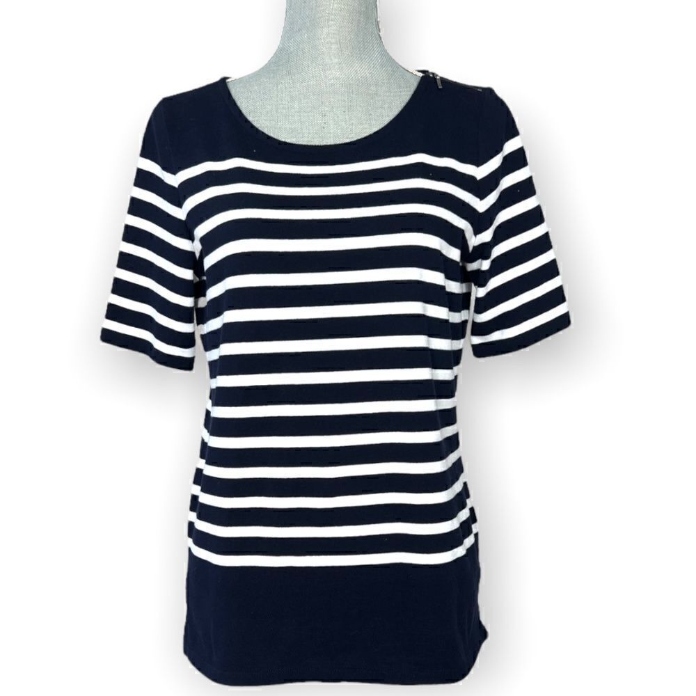Talbots Navy Blue and White Stripe Boat-Neck Top Size S